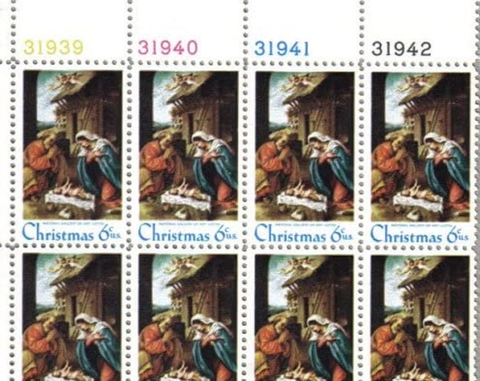 1970 Traditional Christmas Nativity Plate Block of Eight 6-Cent US Postage Stamps Mint Never Hinged