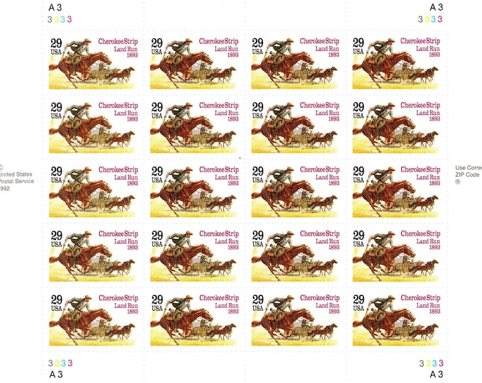 Cherokee Strip Land Run Sheet of Twenty 29-Cent United States Postage Stamps Issued 1993