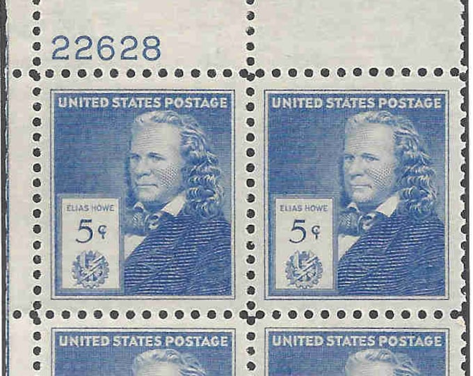 1940 Elias Howe Inventor Plate Block of Four 5-Cent US Postage Stamps Mint Never Hinged