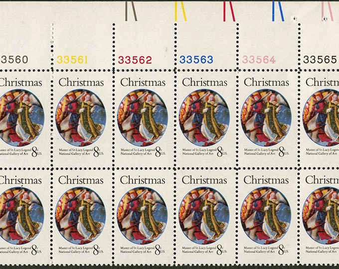 1972 Mary Queen of Heaven Plate Block of Twelve 8-Cent US Christmas Postage Stamps Mint Never Hinged