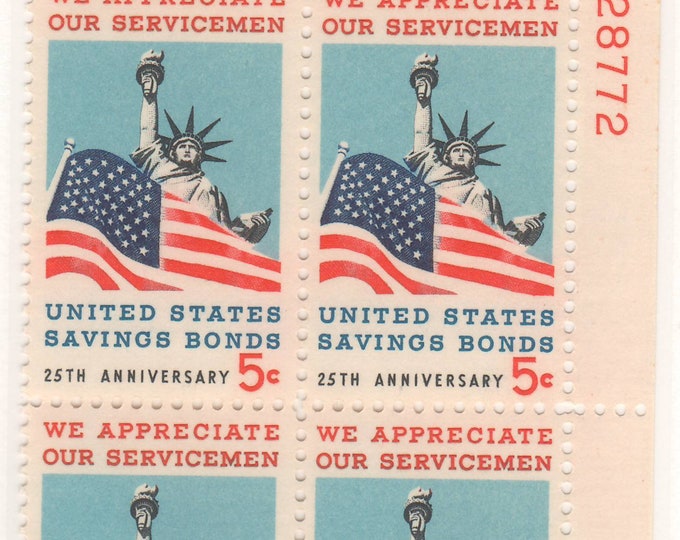 Savings Bonds Plate Block of Four 5-Cent United States Postage Stamps Issued 1966