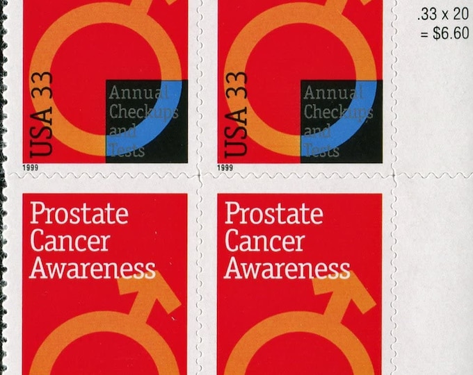 1999 Prostate Cancer Awareness Plate Block of Four 33-Cent United States Postage Stamps