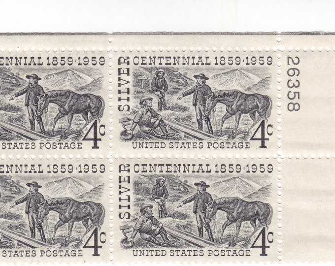 1959 Silver Centennial Comstock Lode In Nevada Plate Block of Four 4-Cent US Postage Stamps Mint Never Hinged