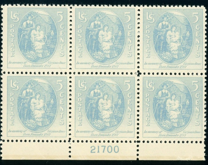 1937 Virginia Dare Plate Block of Six 5-Cent United States Postage Stamps