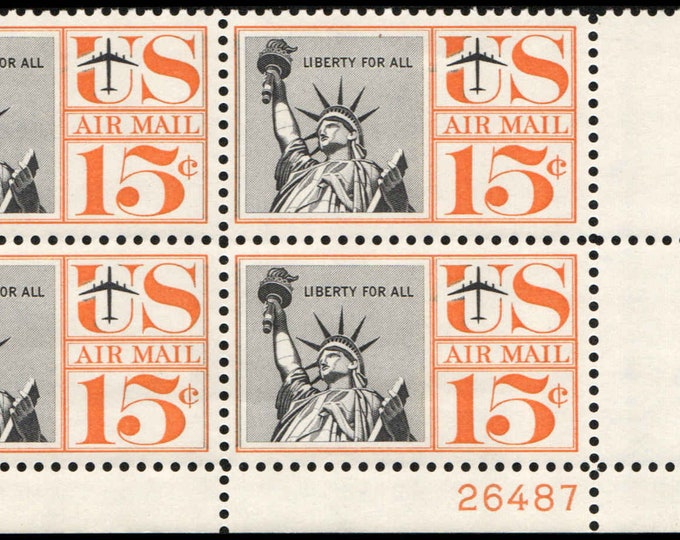 1959 Statue of Liberty Plate Block of Four 15-Cent United States Air Mail Postage Stamps