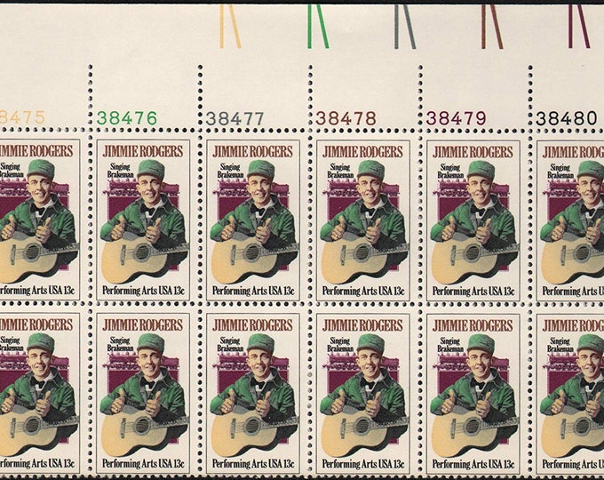 Jimmie Rodgers Plate Block of Twelve 13-Cent US Postage Stamps Issued 1978