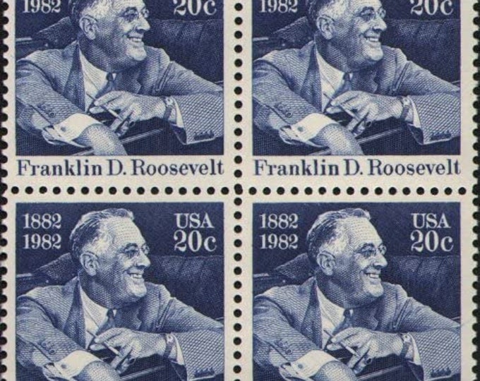 1982 Franklin Delano Roosevelt Block of Four 20-Cent US Postage Stamps Mint Never Hinged