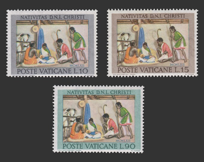 Adoration By The Shepherds Set of Three Vatican City Postage Stamps Issued 1962