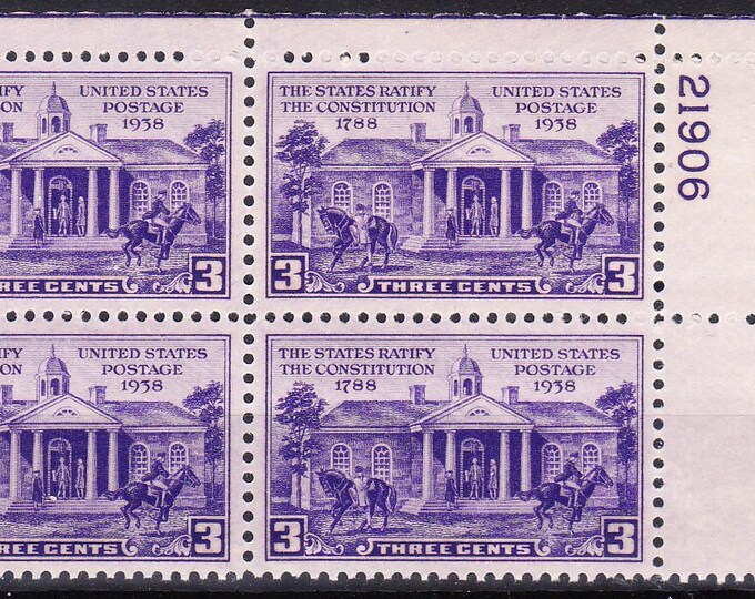 Constitution Ratification Plate Block of Four 3-Cent United States Postage Stamps Issued 1938