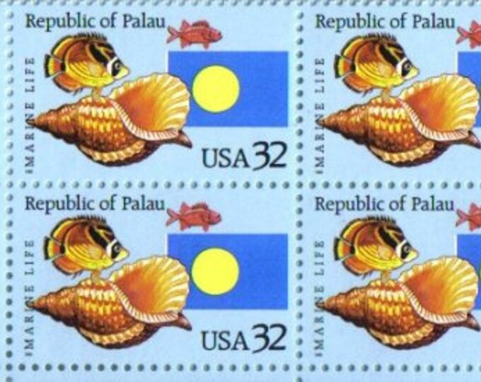 1995 Republic of Palau Independence Issue Plate Block of Four 32-Cent United States Postage Stamps