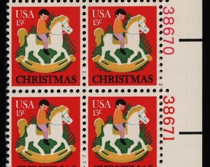 1978 Child on Rocking Horse Plate Block of Twelve 15-Cent USA Christmas Postage Stamps Mint Never Hinged