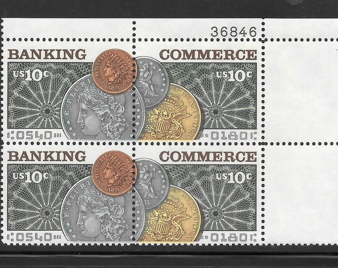 1975 Banking and Commerce Plate Block of Four 10-Cent USA Postage Stamps Mint Never Hinged