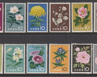 Japanese Flowers Set of Twelve Japan Postage Stamps Issued 1961