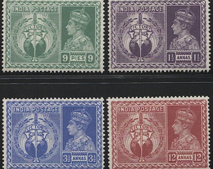 King George VI Allied Victory Set of Four India Postage Stamps Issued 1946