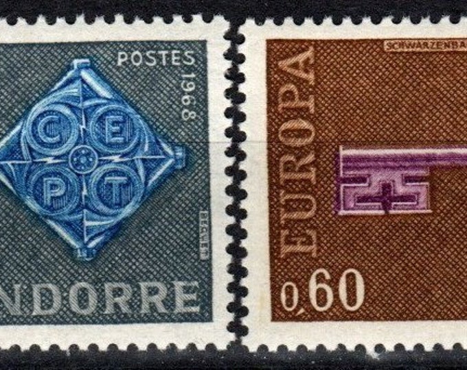 Europa Cruciform Keys Set of Two French Andorra Postage Stamps Issued 1968