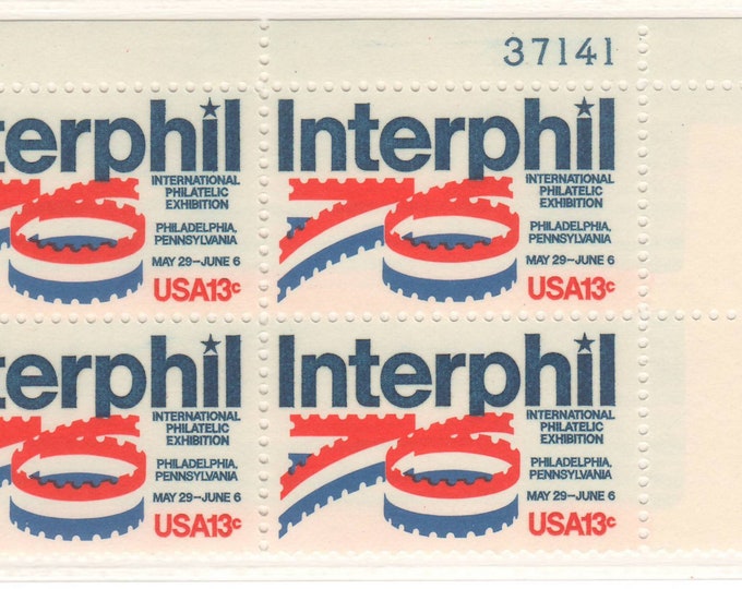 1976 Interphil Philatelic Exhibition Plate Block of Four 13-Cent USA Postage Stamps Mint Never Hinged