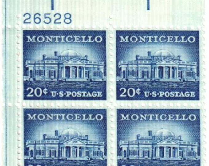 Monticello Plate Block of Four 20-Cent United States Postage Stamps Issued 1956