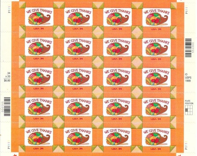 Thanksgiving Sheet of Twenty 34-Cent United States Postage Stamps Issued 2001