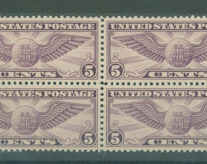 1930 Winged Globe Block of Four 5-Cent US Air Mail Postage Stamps