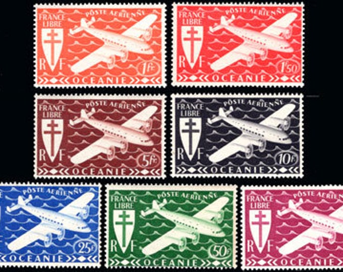 1942 Plane and Cross of Lorraine Set of Seven French Polynesia Airmail Postage Stamps Mint Never Hinged