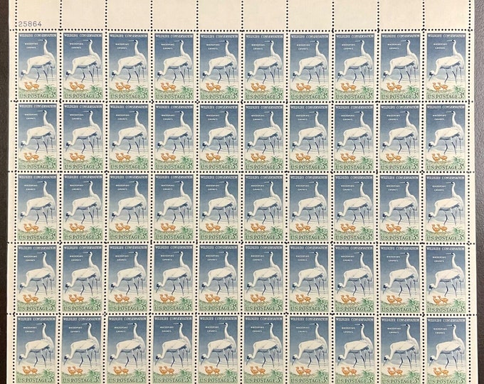 Whooping Cranes Wildlife Conservation Sheet of Fifty 3-Cent USA Postage Stamps 1957