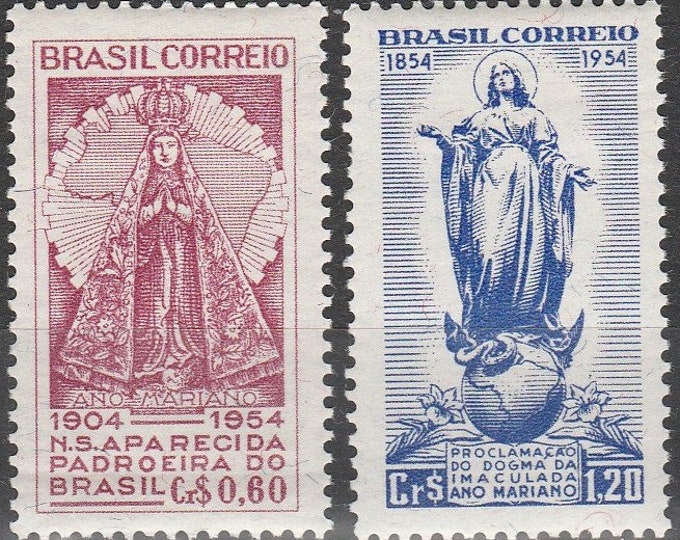 1954 Blessed Virgin Set of Two Brazilian Postage Stamps Mint Never Hinged