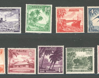 1954 Native Scenes and Wildlife Collectible Set of Nine Nauru Postage Stamps Mint Never Hinged