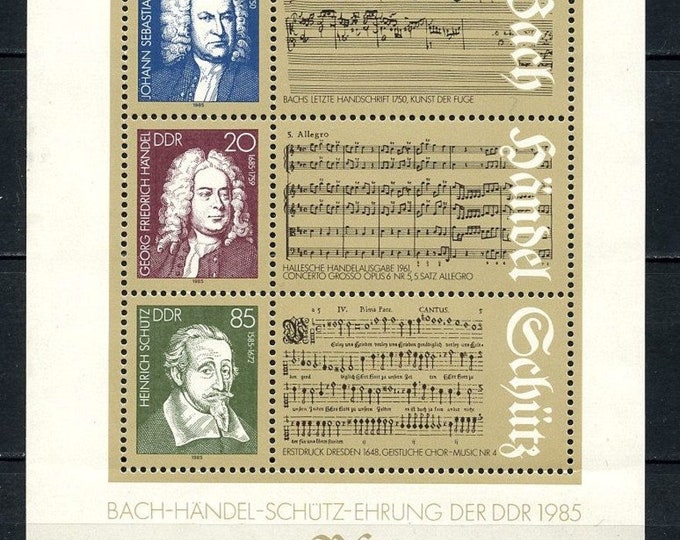 Bach Handel Schutz East Germany Souvenir Sheet of Three Postage Stamps Issued 1985