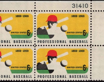 Baseball Plate Block of Four 6-Cent United States Postage Stamps Issued 1969