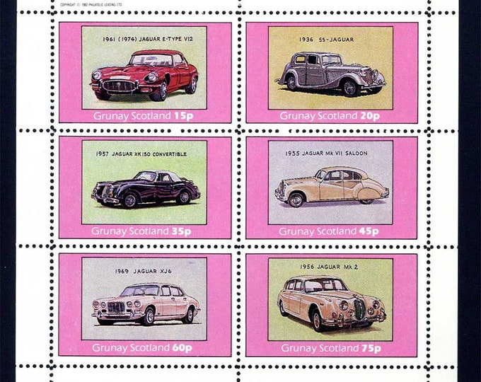 Grunay Scotland Local Post Classic Jaguar Automobiles Miniature Sheet of 6 (Cinderella) Postage Stamps