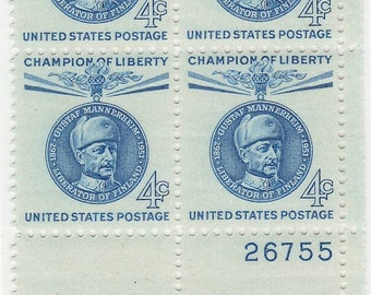 Gustaf Mannerheim Plate Block of Four 4-Cent United States Postage Stamps Issued 1960
