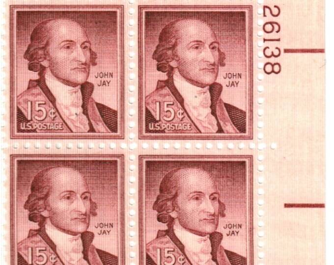 John Jay Plate Block of 4 15-Cent United States Postage Stamps Issued 1958