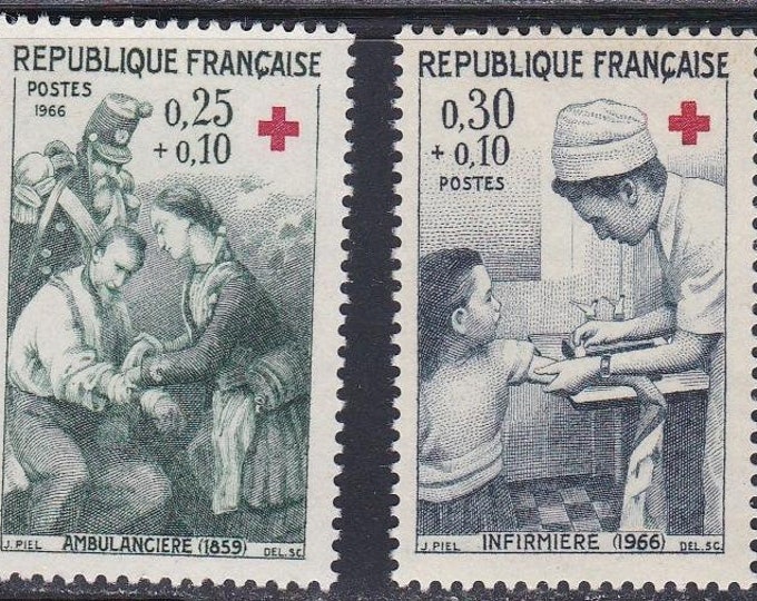 Red Cross First Aid Set of Two France Postage Stamps Issued 1966