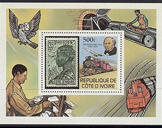 1979 Sir Rowland Hill and Locomotive Ivory Coast Postage Stamp Souvenir Sheet Mint Never Hinged