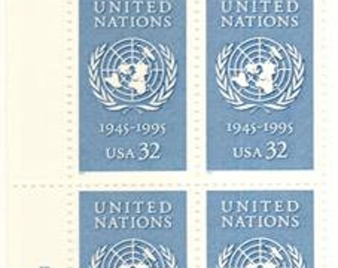 1995 United Nations 50th Anniversary Plate Block of Four 32-Cent US Postage Stamps