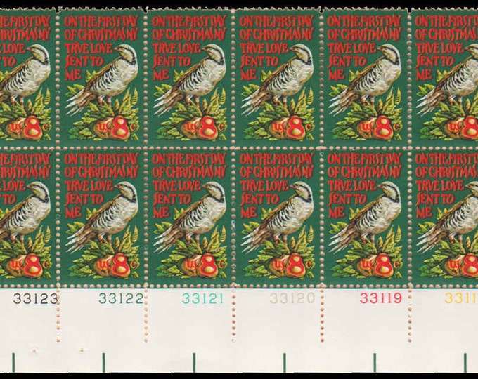 1971 Partridge in Pear Tree Plate Block of Twelve 8-Cent Christmas Postage Stamps Mint Never Hinged