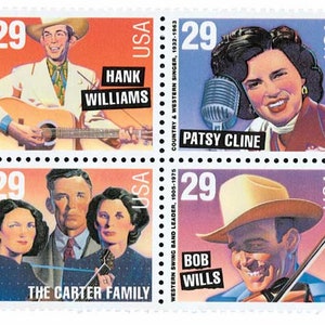 May include: A set of four 29-cent United States postage stamps featuring portraits of country music legends: Hank Williams, Patsy Cline, The Carter Family, and Bob Wills. Each stamp includes the musician's name and a brief description of their musical contributions.