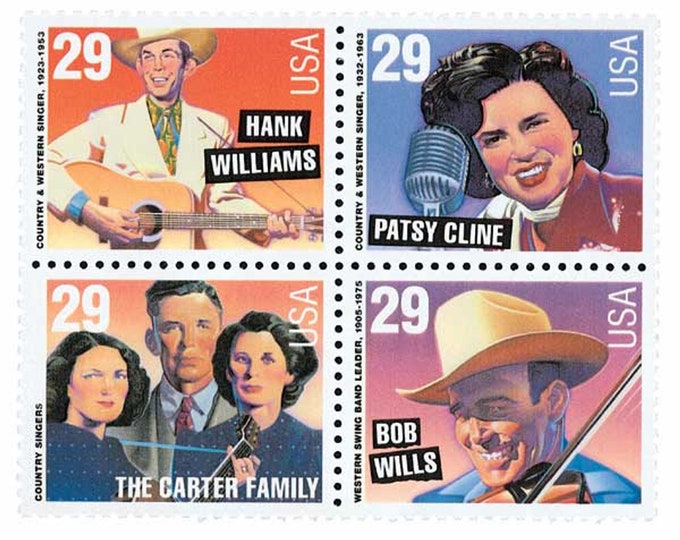 Country Music Legends Block of Four 29-Cent United States Postage Stamps Issued 1993