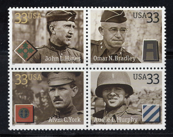 Distinguished Soldiers Block of Four 33-Cent United States Postage Stamps Issued 2000