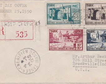 1950 French Morocco First Day Cover Registered Air Mail to Brookville Indiana Multiple Stamps