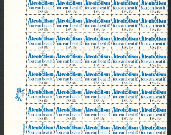 Alcoholism Sheet of Fifty 18-Cent United States Postage Stamps Issued 1981