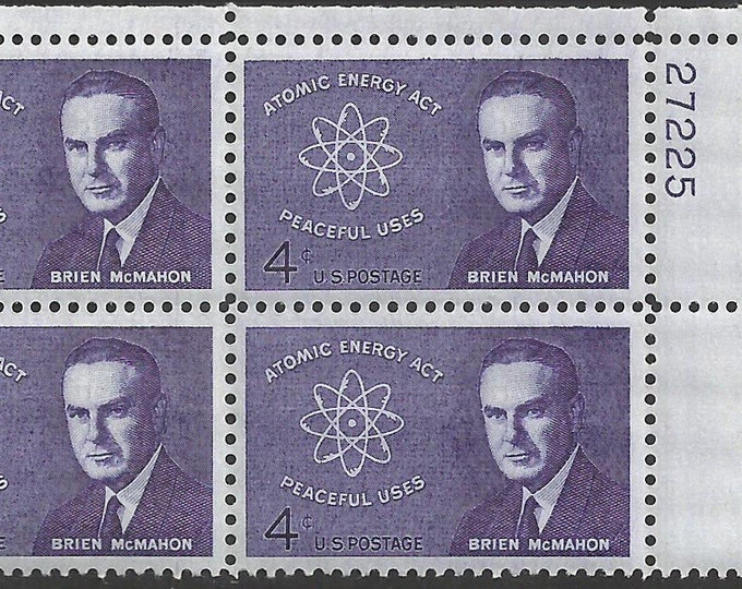 1962 Senator Brien McMahon Plate Block of Four 4-Cent United States Postage Stamps