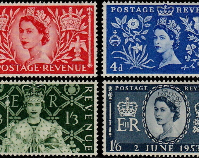 1953 Coronation of Queen Elizabeth II Set of Four Great Britain Postage Stamps Mint Never Hinged