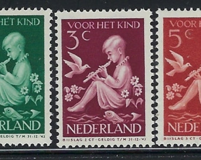 Child With Flute and Bird Set of Five Netherlands Postage Stamps Issued 1938