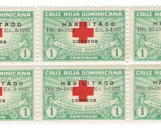 Red Cross Block of Six Dominican Republic Postage Stamps Issued 1932