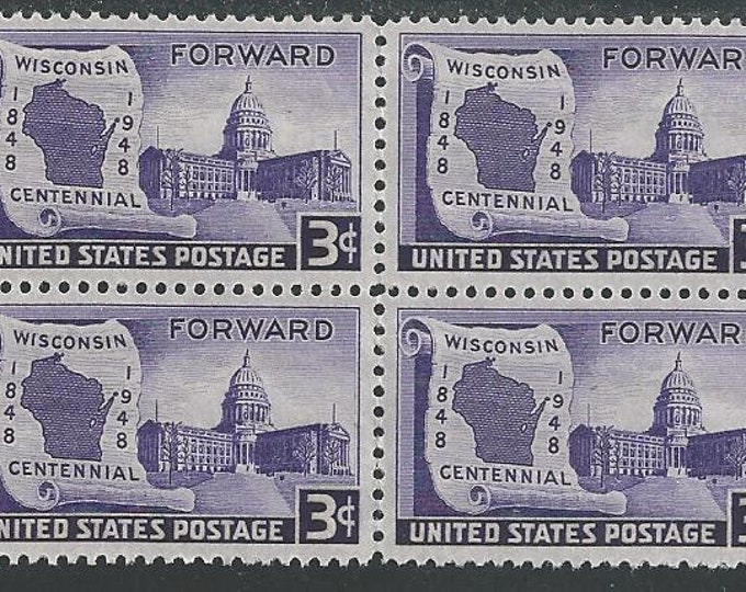 1948 Wisconsin Statehood Block of Four 3-Cent US Postage Stamps Mint Never Hinged