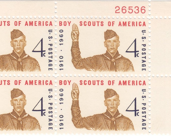 Boy Scouts of America Plate Block of Four 4-Cent US Postage Stamps Issued 1960