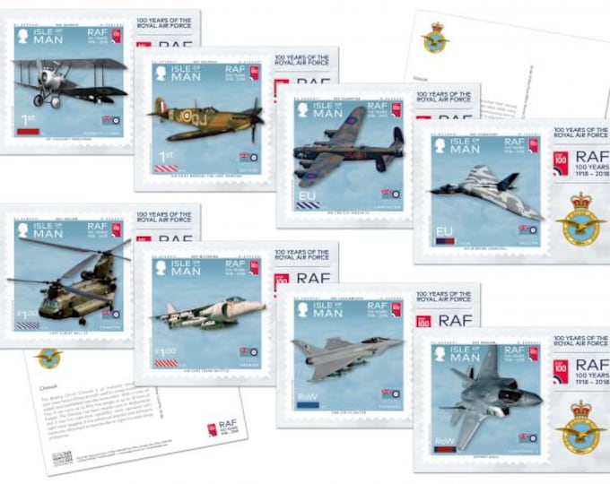 100 Years of the Royal Air Force Set of 8 Isle of Man Stamp Cards Issued 2018