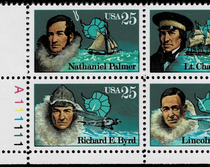 1988 Antarctic Explorers Plate Block of Four 25-Cent United States Postage Stamps