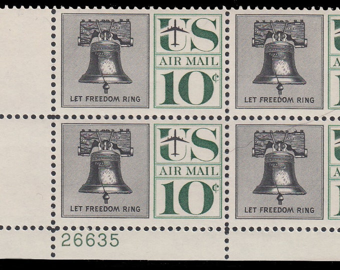 Liberty Bell Plate Block of Four 10-Cent United States Air Mail Postage Stamps Issued 1960